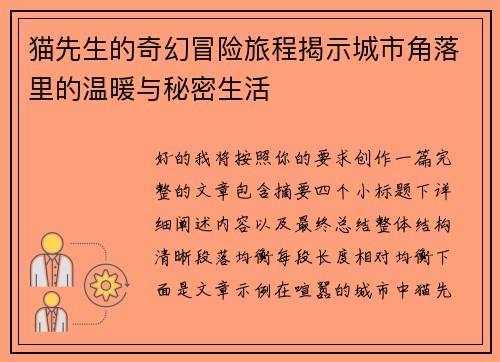 猫先生的奇幻冒险旅程揭示城市角落里的温暖与秘密生活